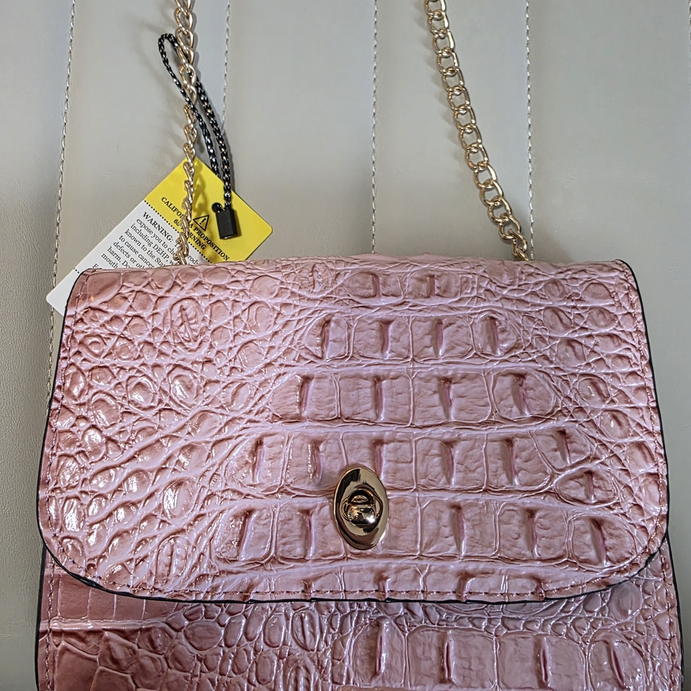 Pink Crocodile Embossed Chain Shoulder Bag
